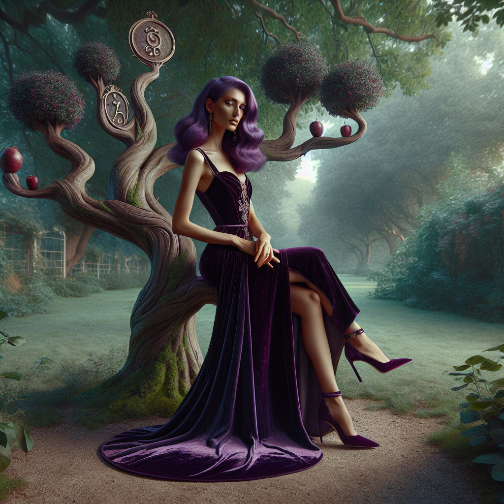 Mystical garden scene with elegant figure and surreal tree