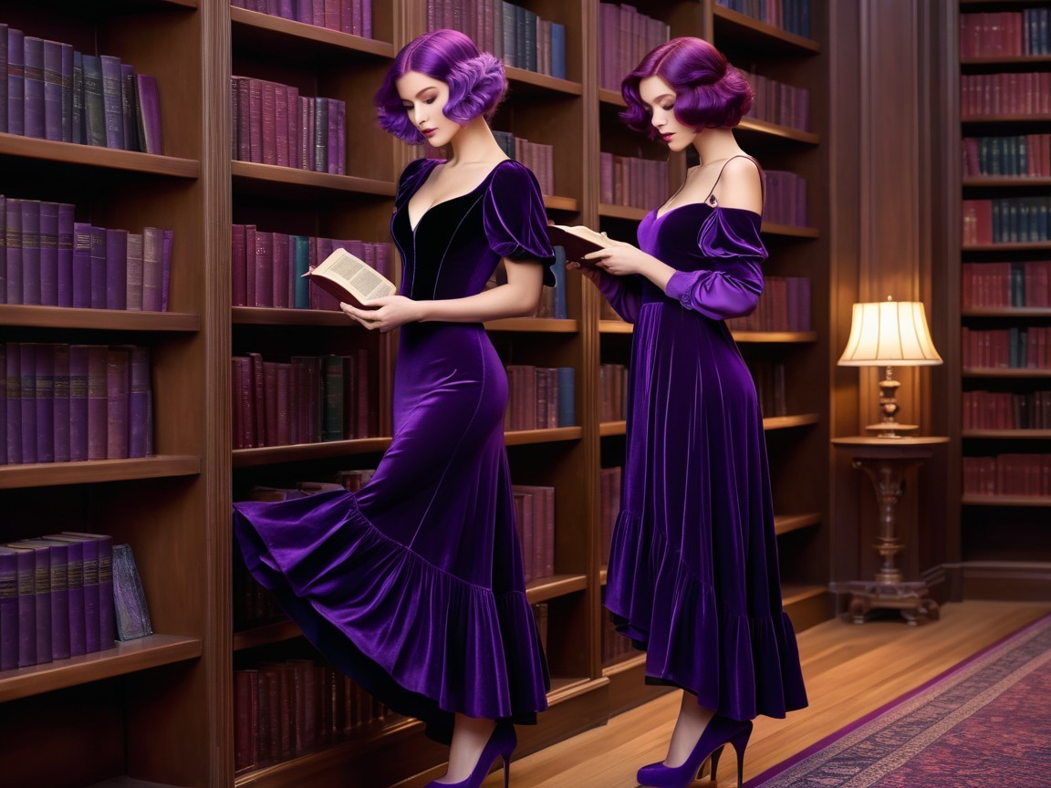 Elegant Library with Stylish Women in Velvet Gowns