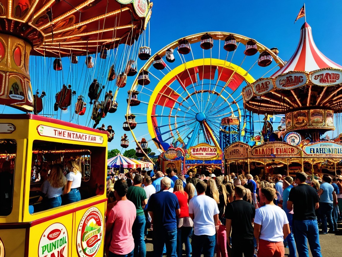 Vibrant Fair Scene with Colorful Rides and Crowds