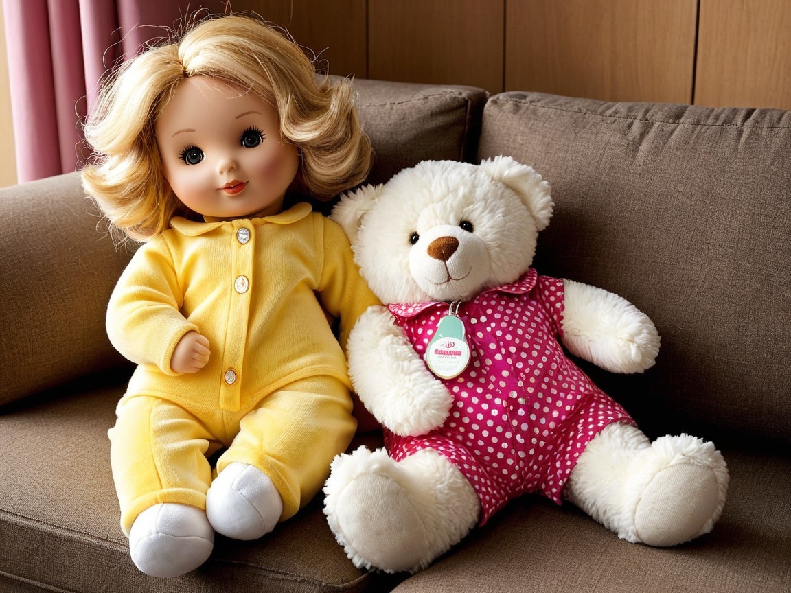 Blonde Doll and Teddy Bear on Cozy Brown Sofa
