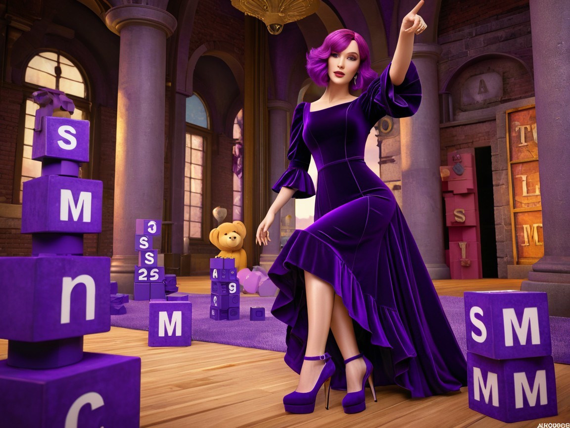 Stylish Figure in Purple Dress in Playful Room Setting
