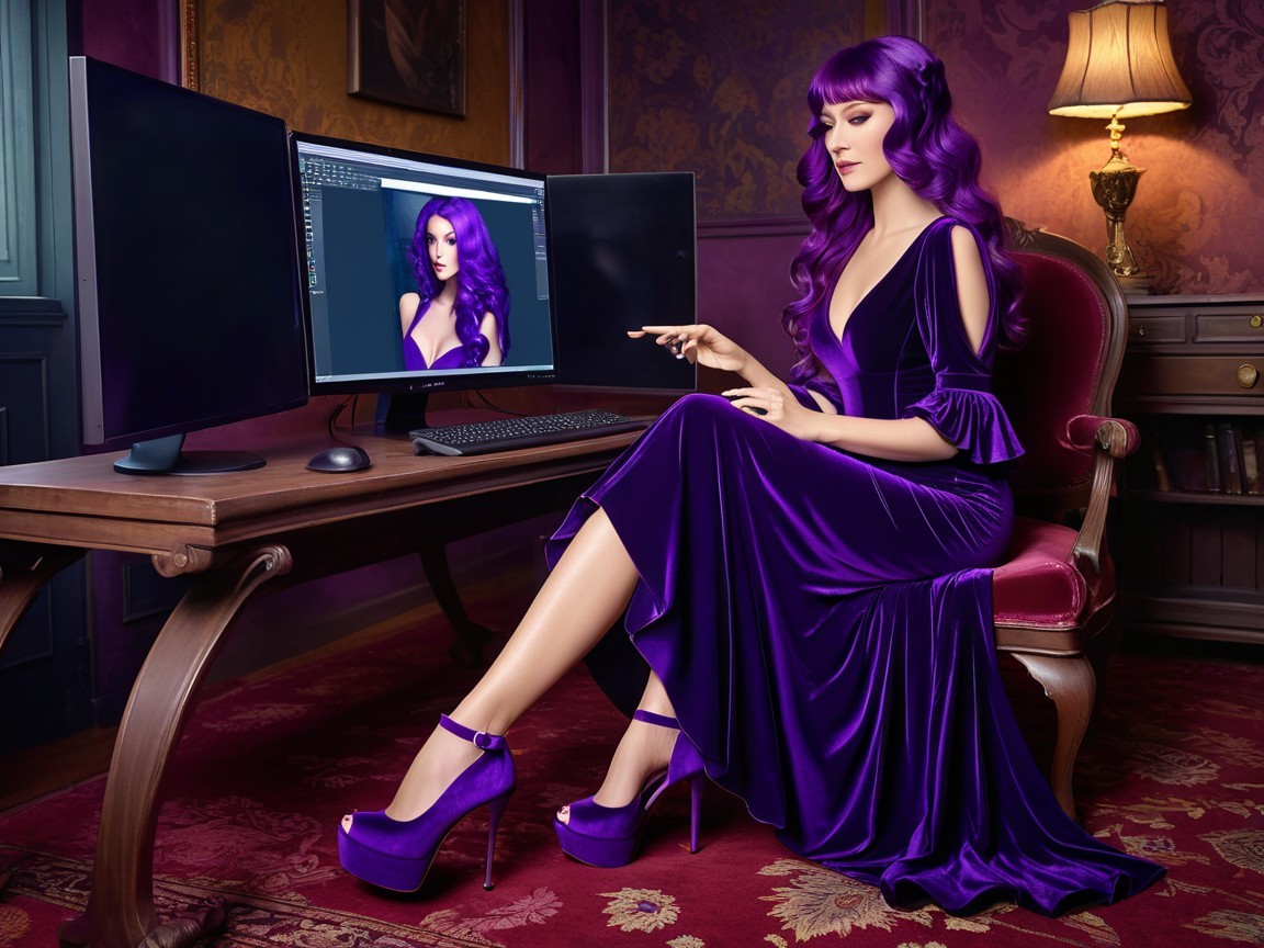 Woman with Purple Hair at Vintage Desk in Elegant Room