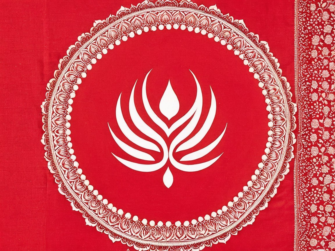 Vibrant Red Fabric with Intricate White Flame Design
