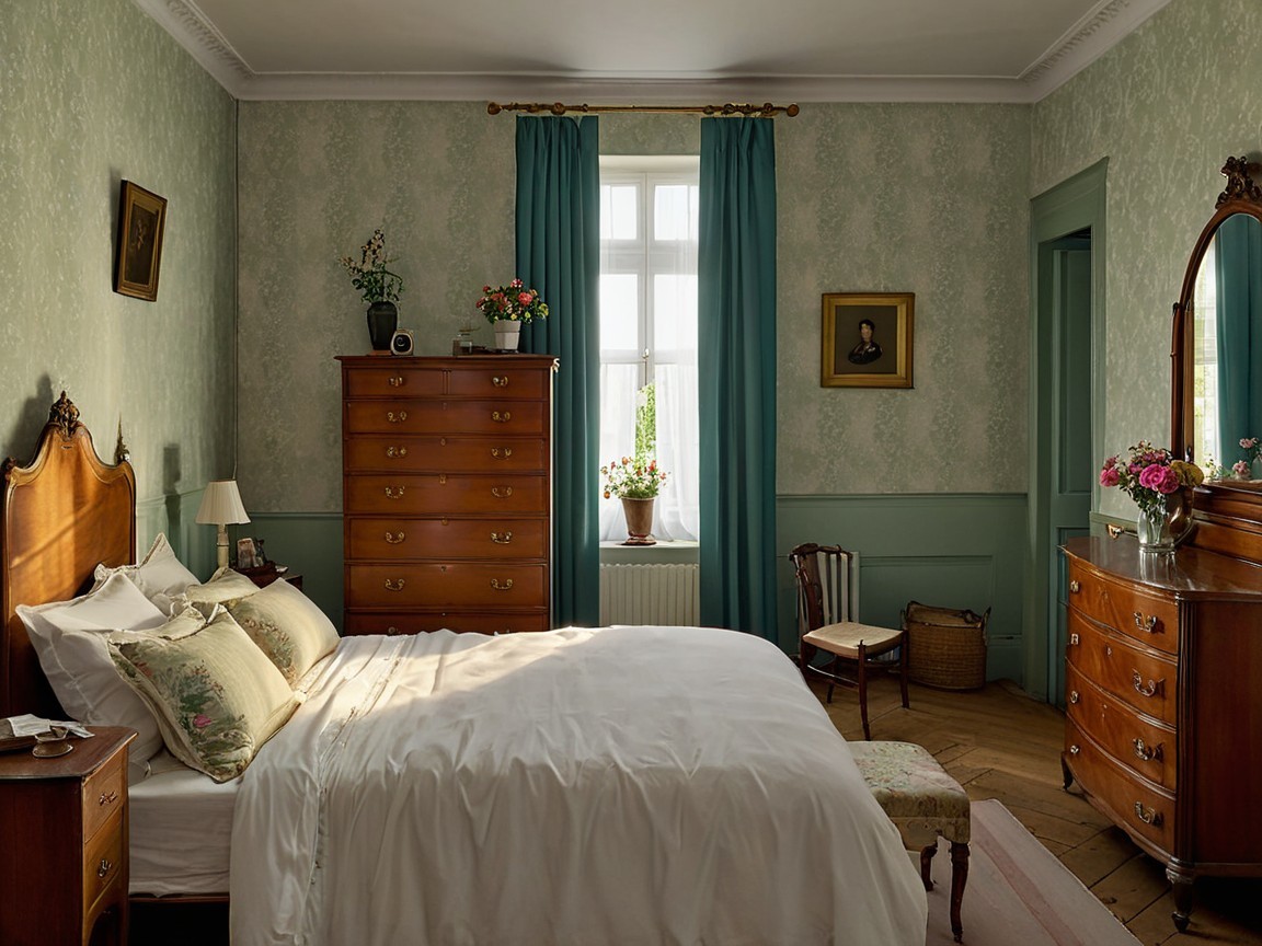 Cozy Bedroom with Wooden Bed and Textured Green Wall