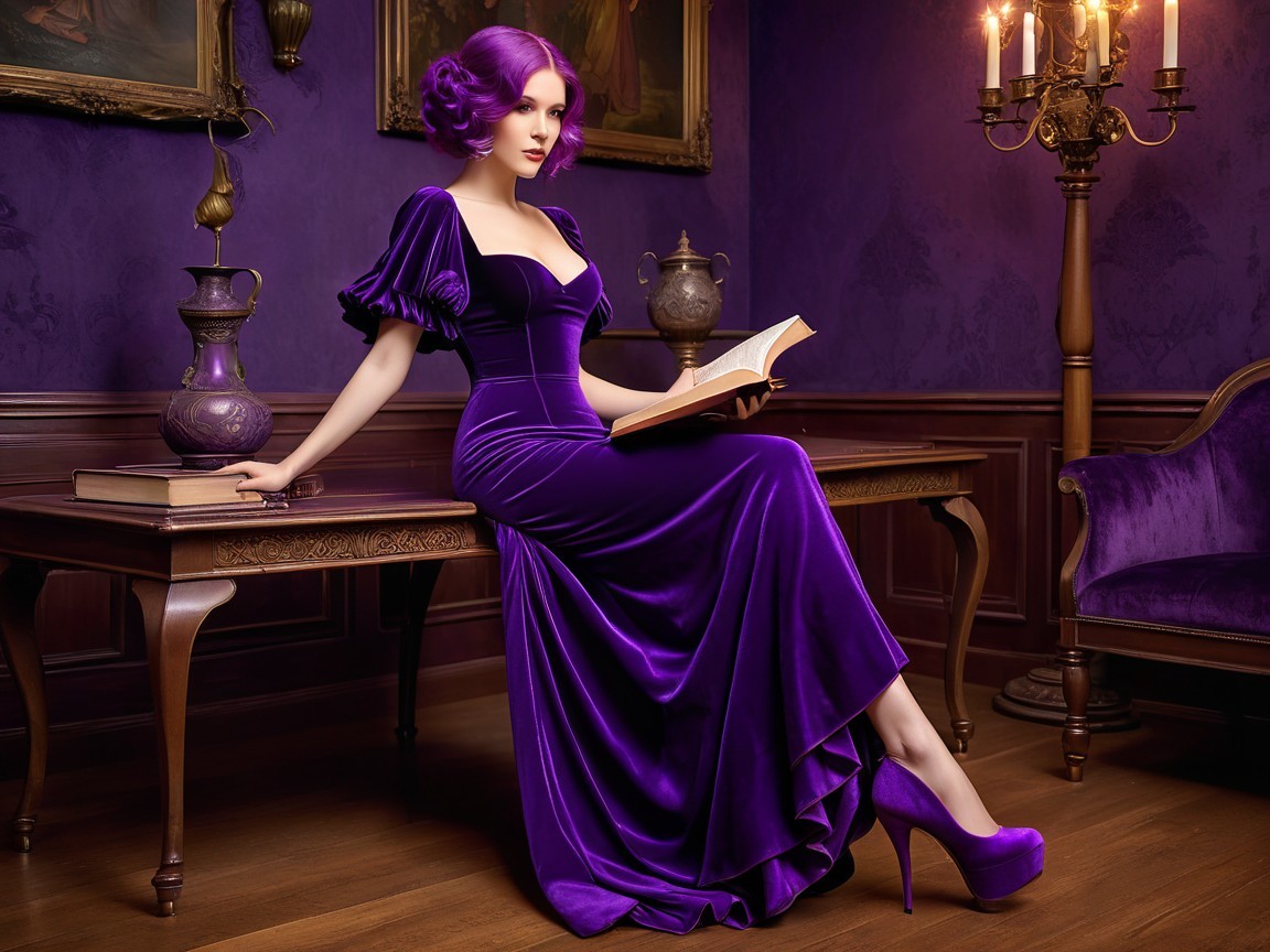 Elegant Woman in Purple Gown at Antique Table