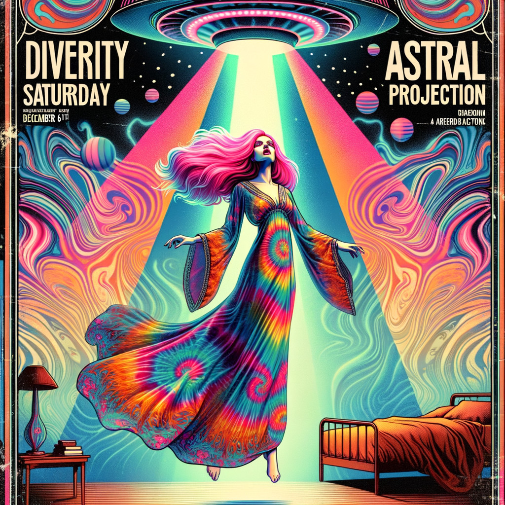 Psychedelic Artwork of Woman Floating with UFO Beams