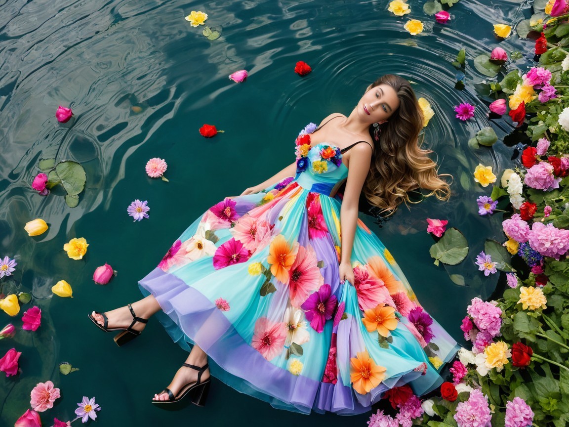 Woman in Floral Dress Surrounded by Colorful Flowers