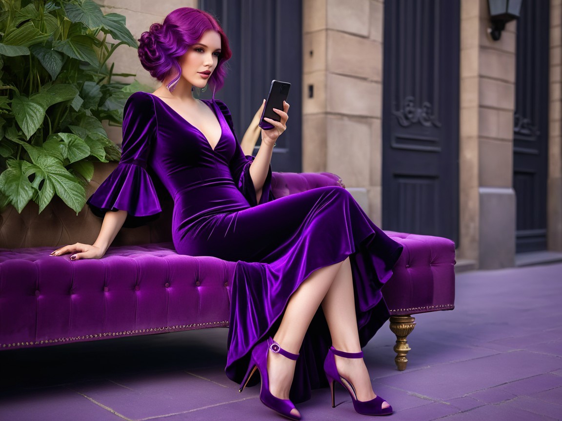 Elegant woman with purple hair on a plush couch