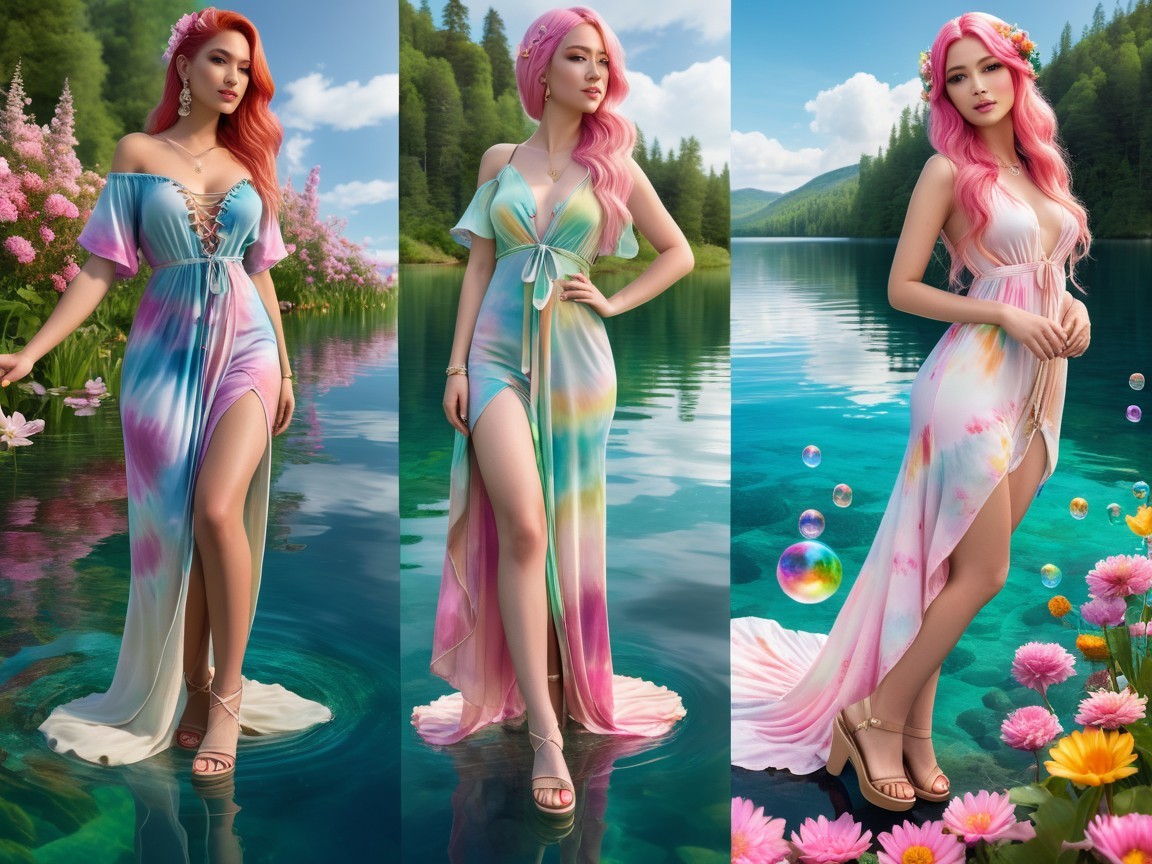 Elegant Tie-Dye Dresses by a Serene Lake Setting