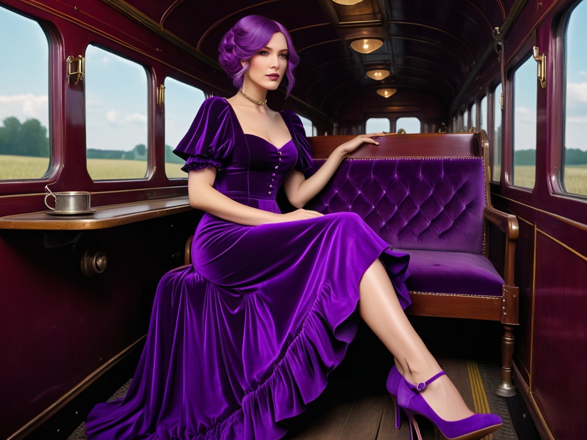 Elegant Woman in Purple Gown in Vintage Train Carriage