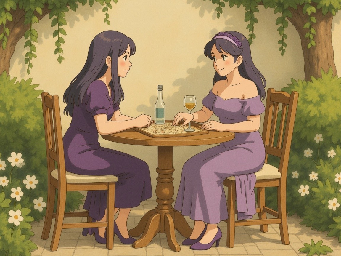 Women in Purple Dresses at Outdoor Table Setting