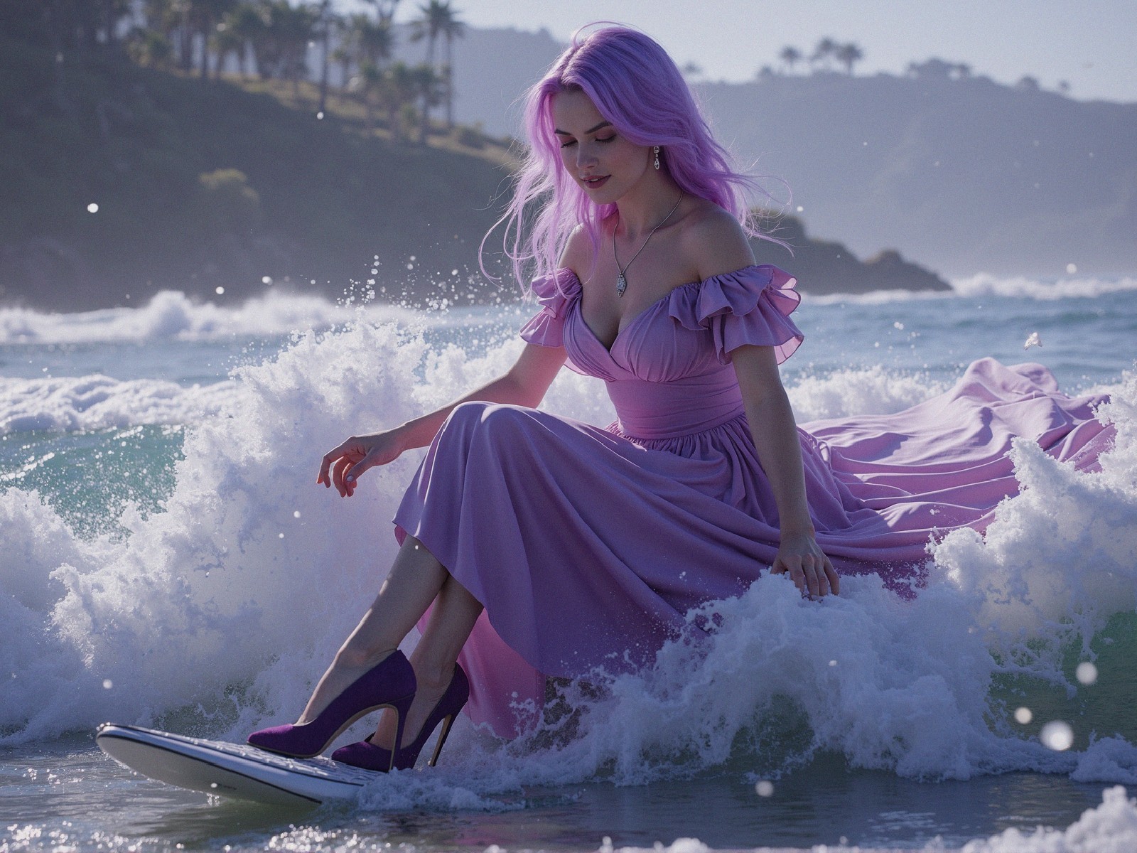 Woman with Lavender Hair on Surfboard in Ocean Waves