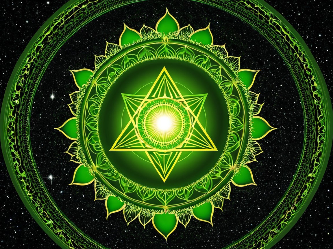 Vibrant Green Mandala Design with Golden Hexagram