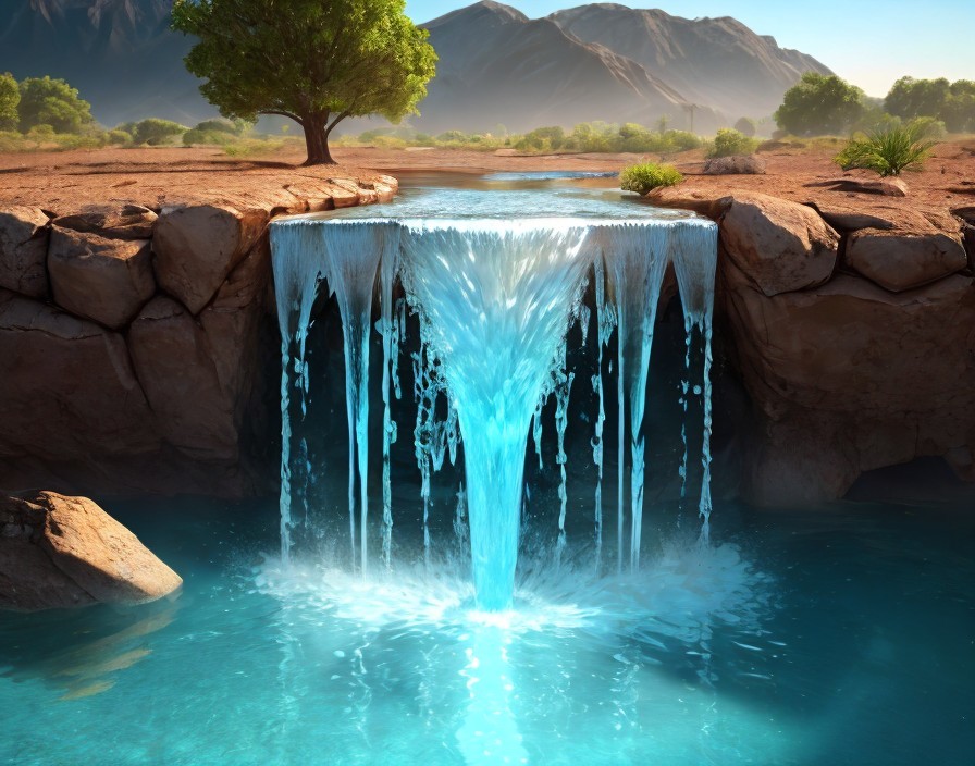 Vibrant Waterfall Cascading into Clear Blue Pool