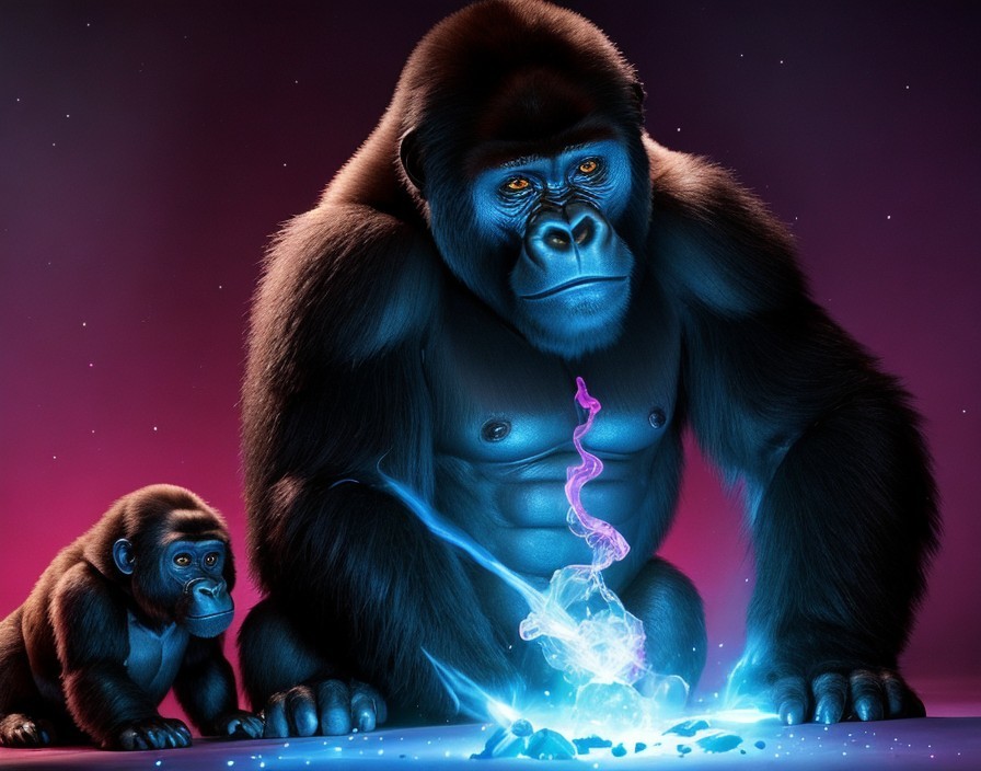 Gorillas with Neon Glow and Shattered Object Scene