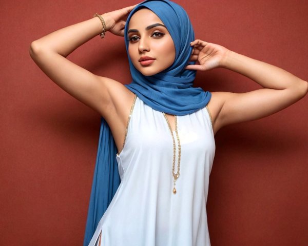Woman in blue hijab and white top against orange background