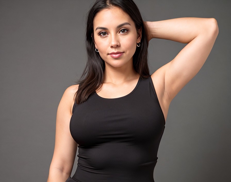 Confident Woman in Black Tank Top Against Gray Background