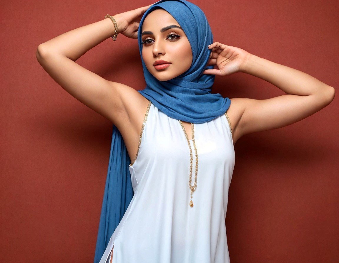 Woman in blue hijab and white top against orange background