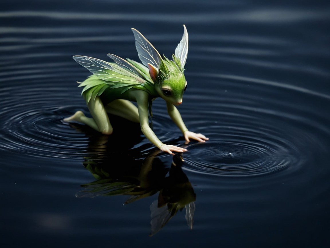 Enchanting Fairy at Reflective Pool with Wings