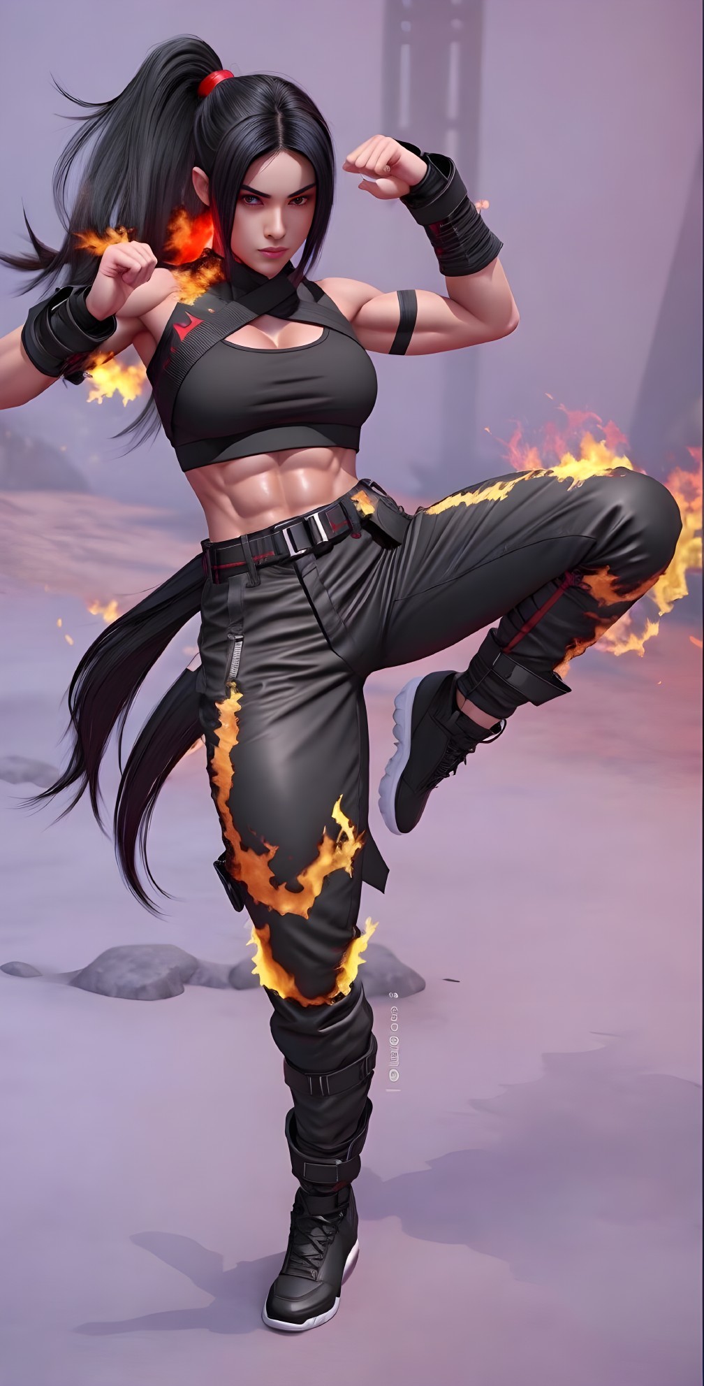 Female Character in Martial Arts Pose with Flames