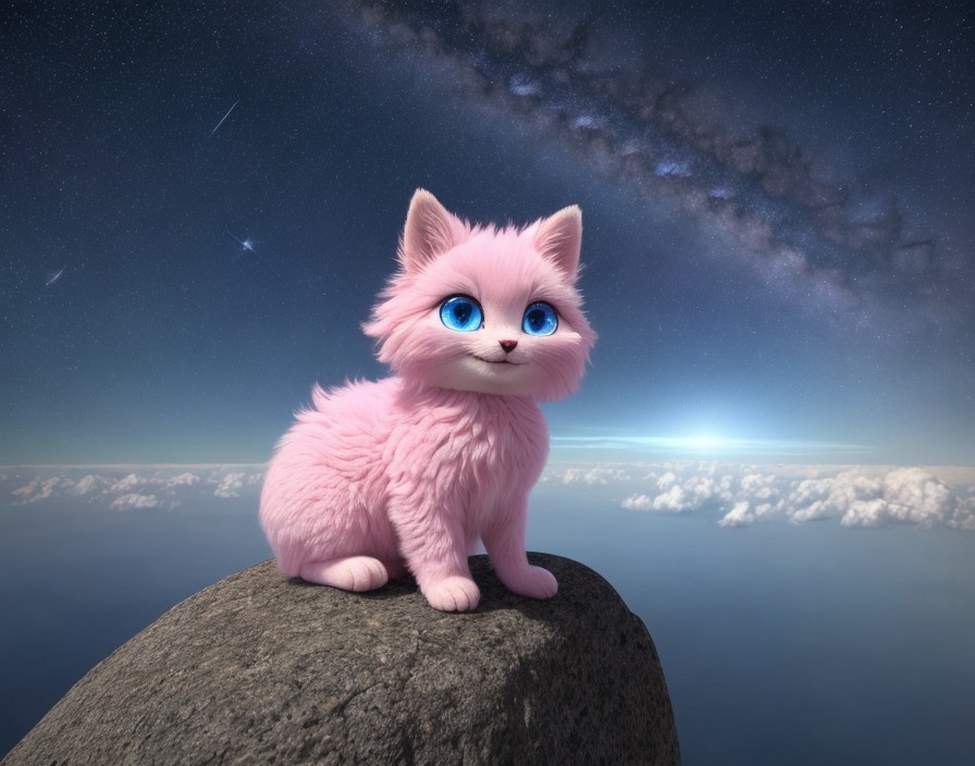 Fluffy pink cat on rock with clouds and starry sky