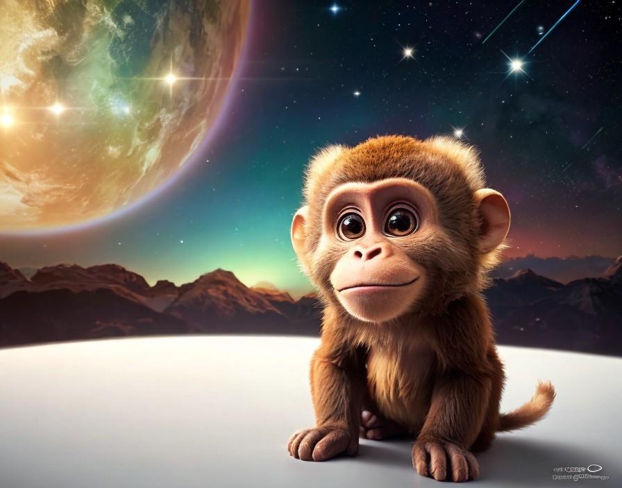 Cartoon Monkey Against Cosmic Fantasy Background