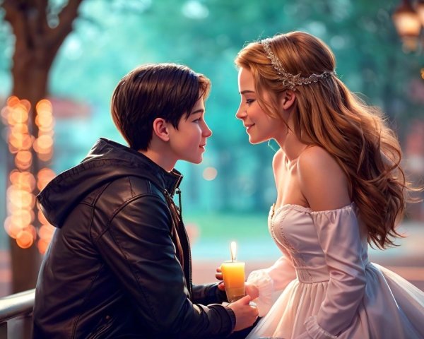 Couple in Elegant Attire Holding Candle with Bokeh Lights
