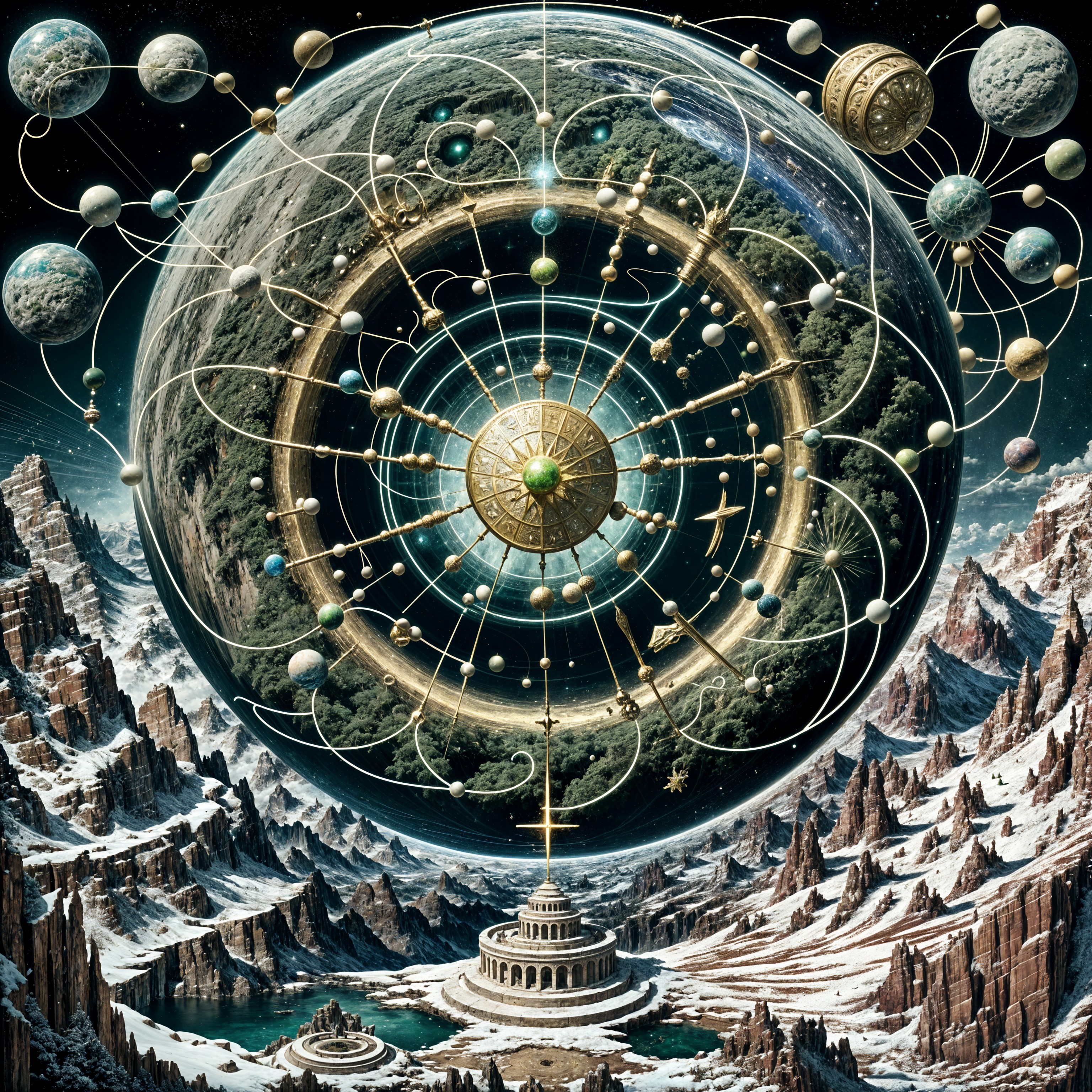 Cosmic Scene with Celestial Sphere and Mountain Landscape