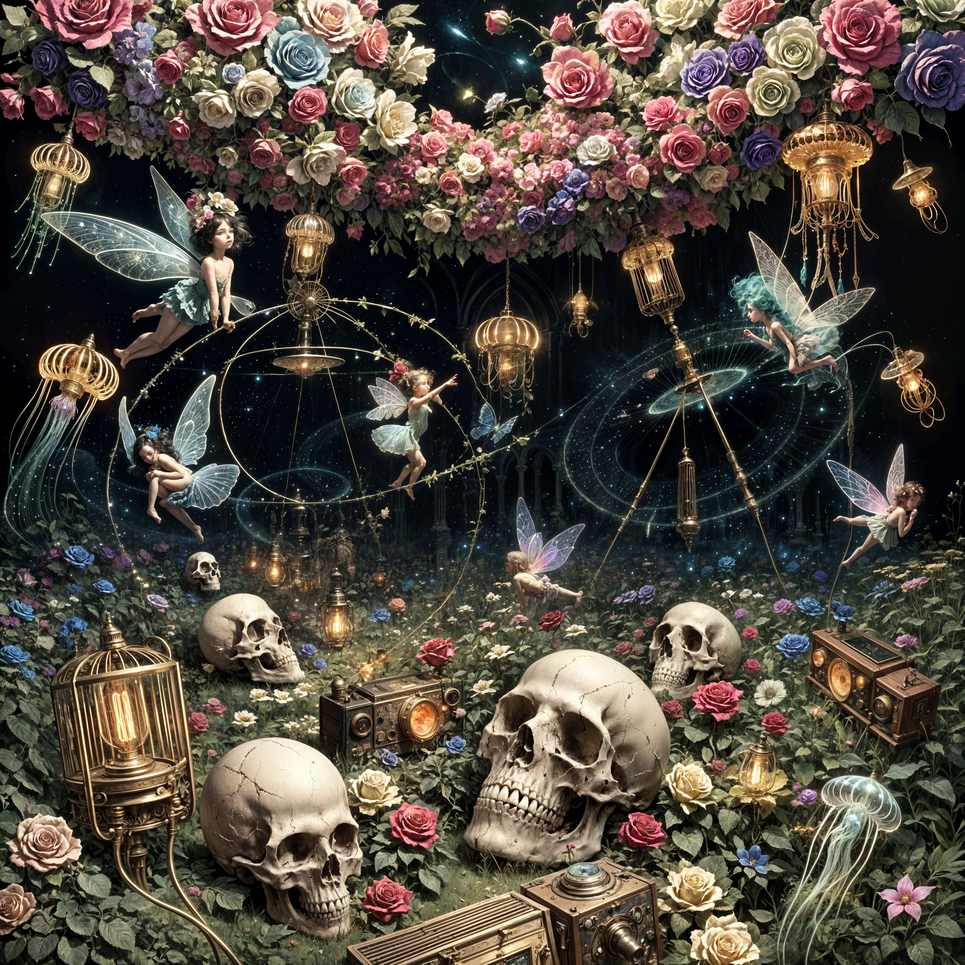 Surreal Scene of Flowers, Fairies, and Skulls