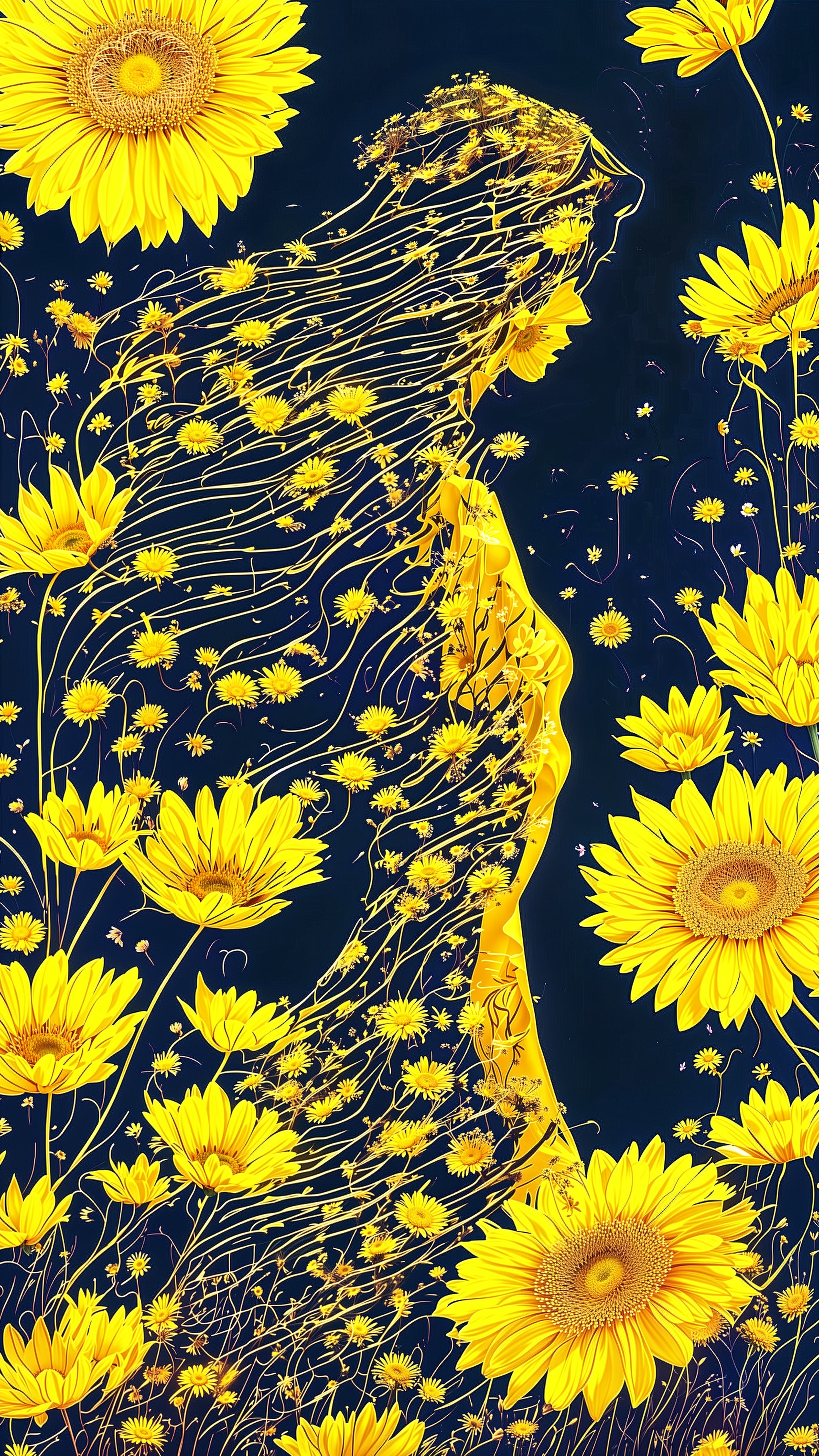 Silhouette of a Woman Entwined with Sunflowers