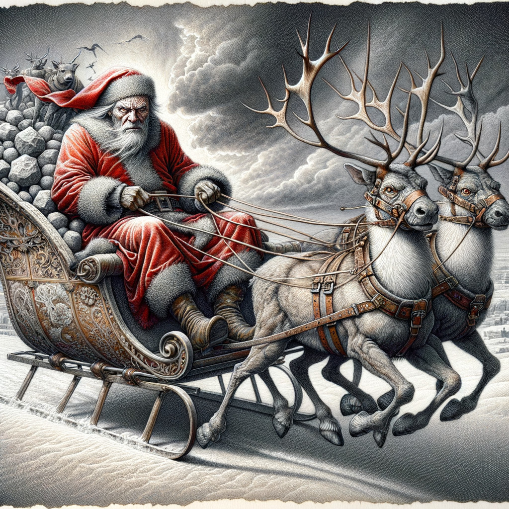 Detailed Santa Claus in Sleigh with Muscular Reindeer