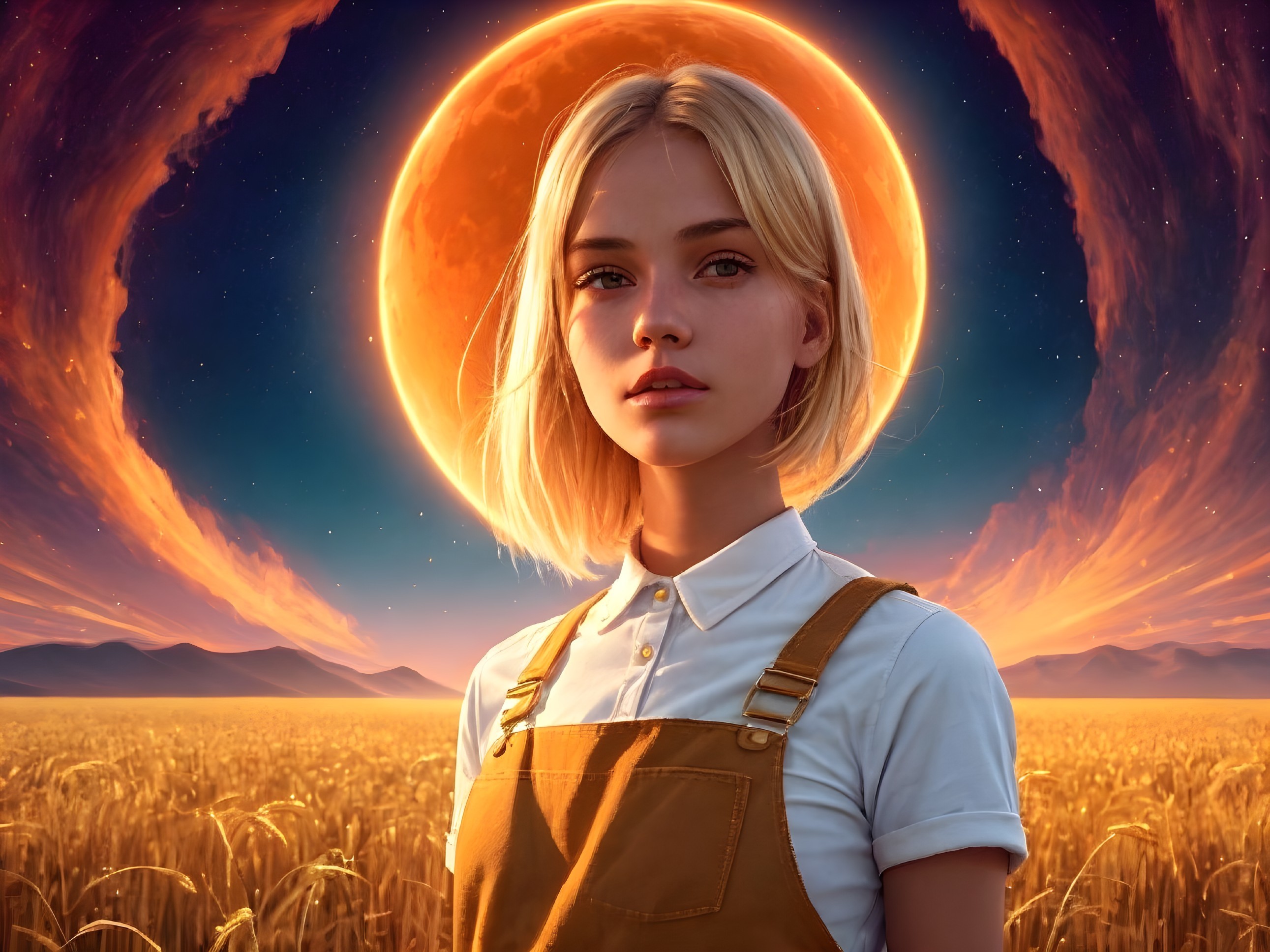 Young woman in wheat field under orange moonlight