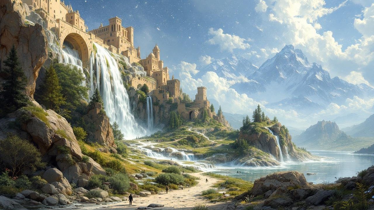 Majestic Castle Landscape with Waterfalls and Lake