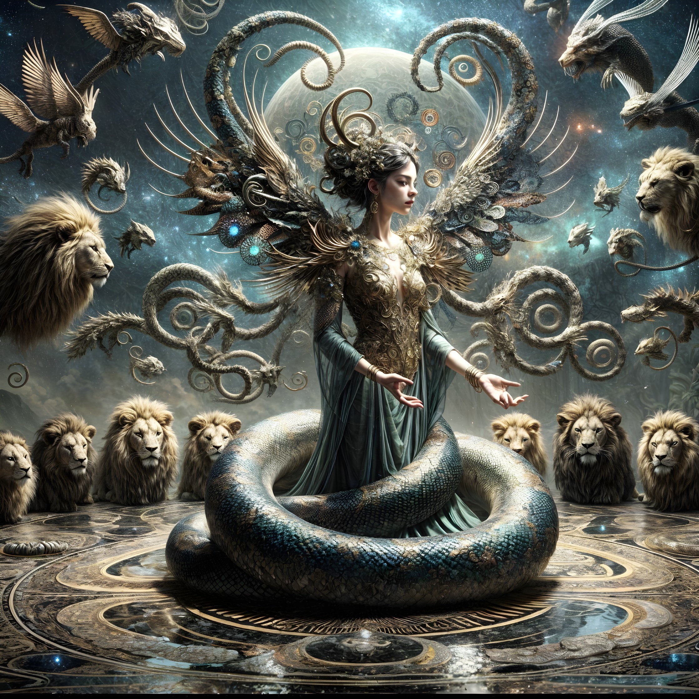 Regal Woman Surrounded by Lions and Ethereal Creatures