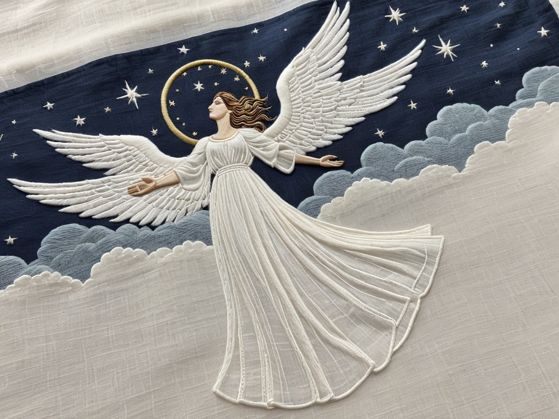 Embroidered angel with wings on a starry background