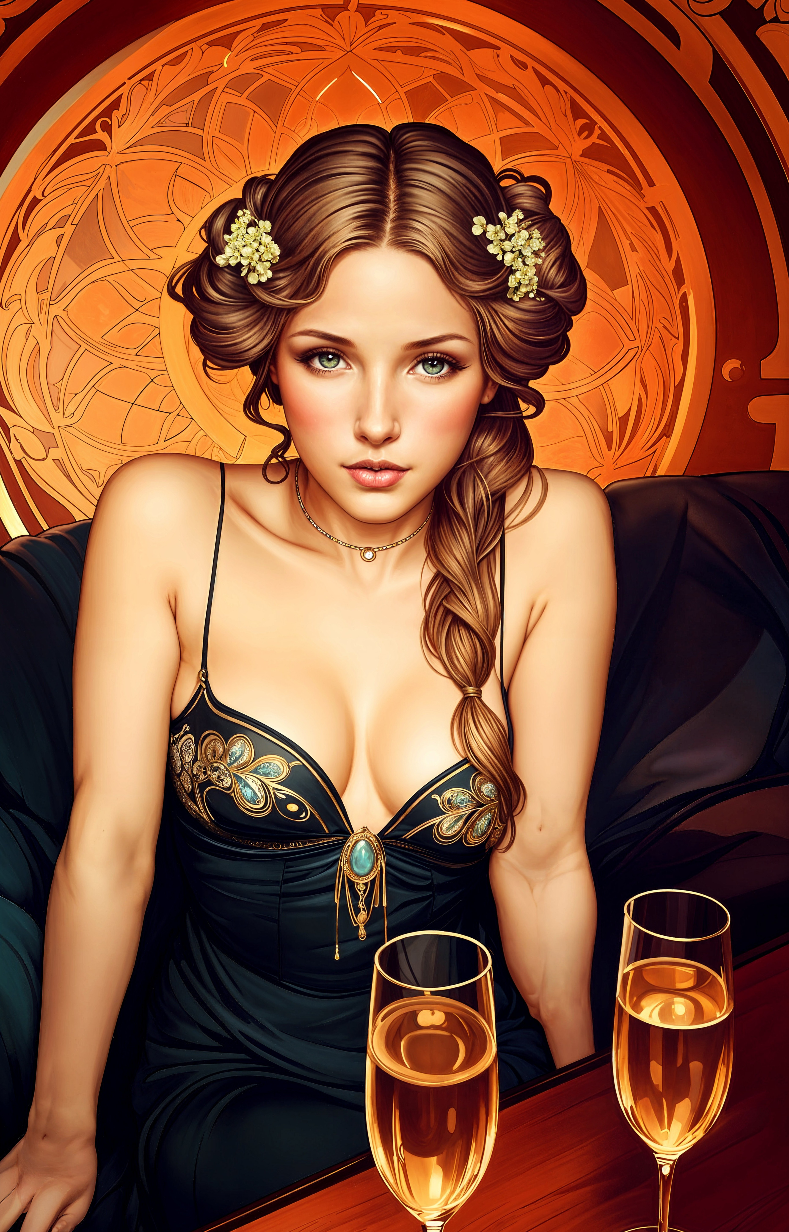 Elegant Woman with Braided Hair and Champagne Glasses