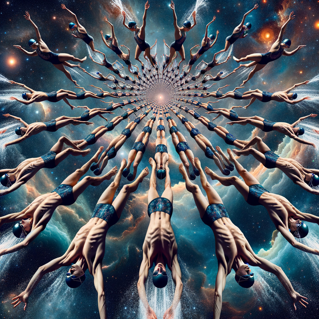 Male Swimmers Diving Through a Cosmic Backdrop
