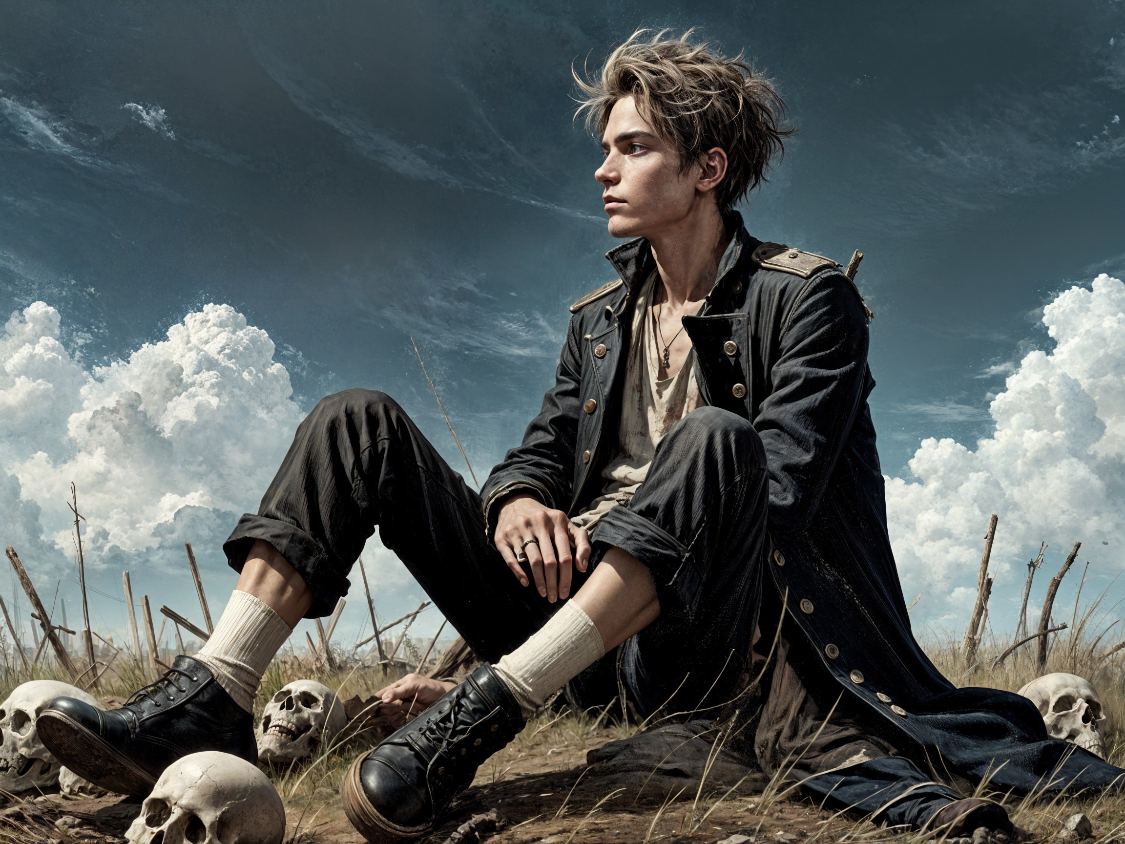 Young man in desolate landscape with skulls and clouds