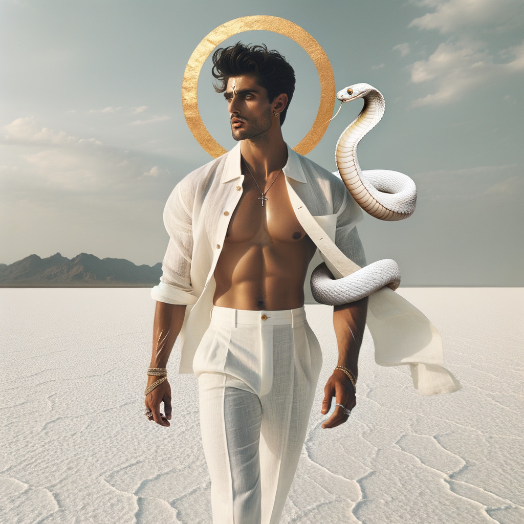 Man in White Shirt in Arid Landscape with Snake