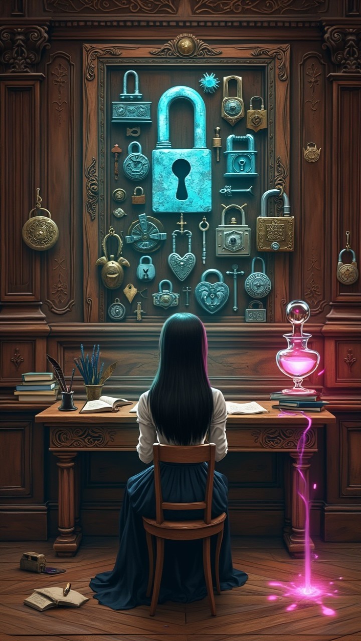 Wooden Room with Unique Locks and Glowing Potion