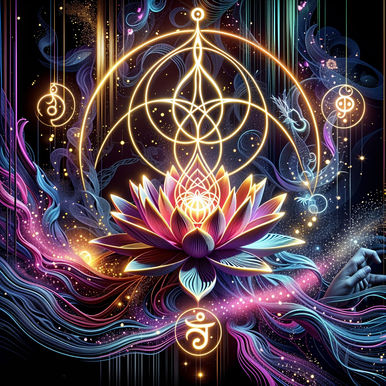 Vibrant Lotus Flower with Cosmic Patterns and Colors