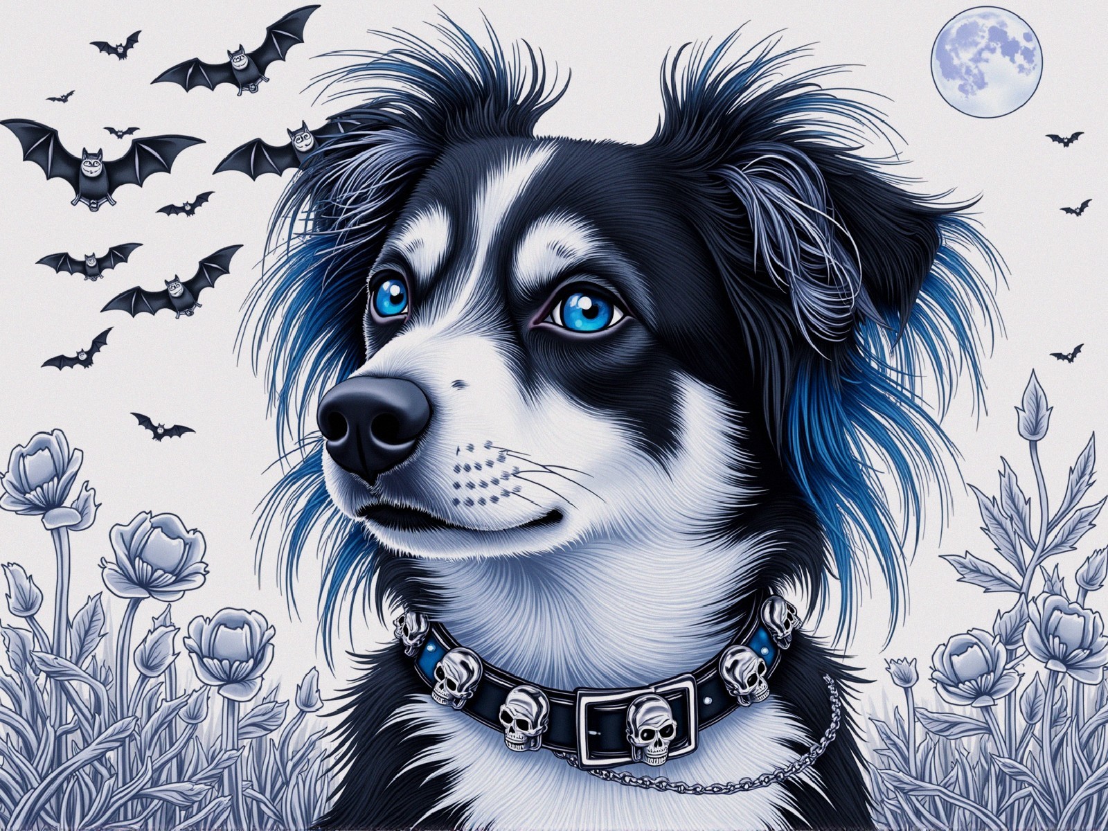 Black and White Dog Illustration with Gothic Elements