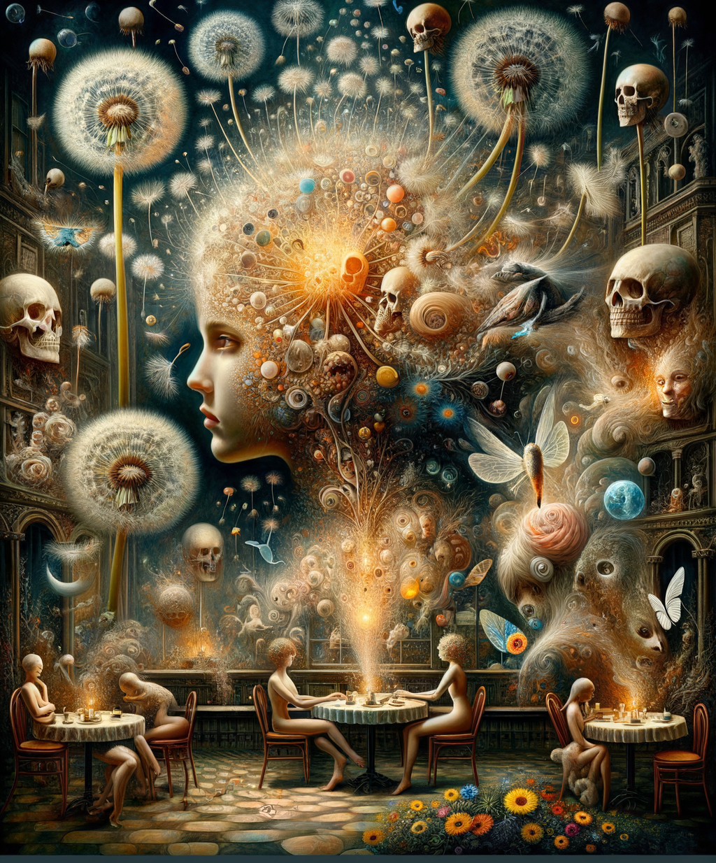 Surreal Scene with Ethereal Figures and Dreamlike Landscape