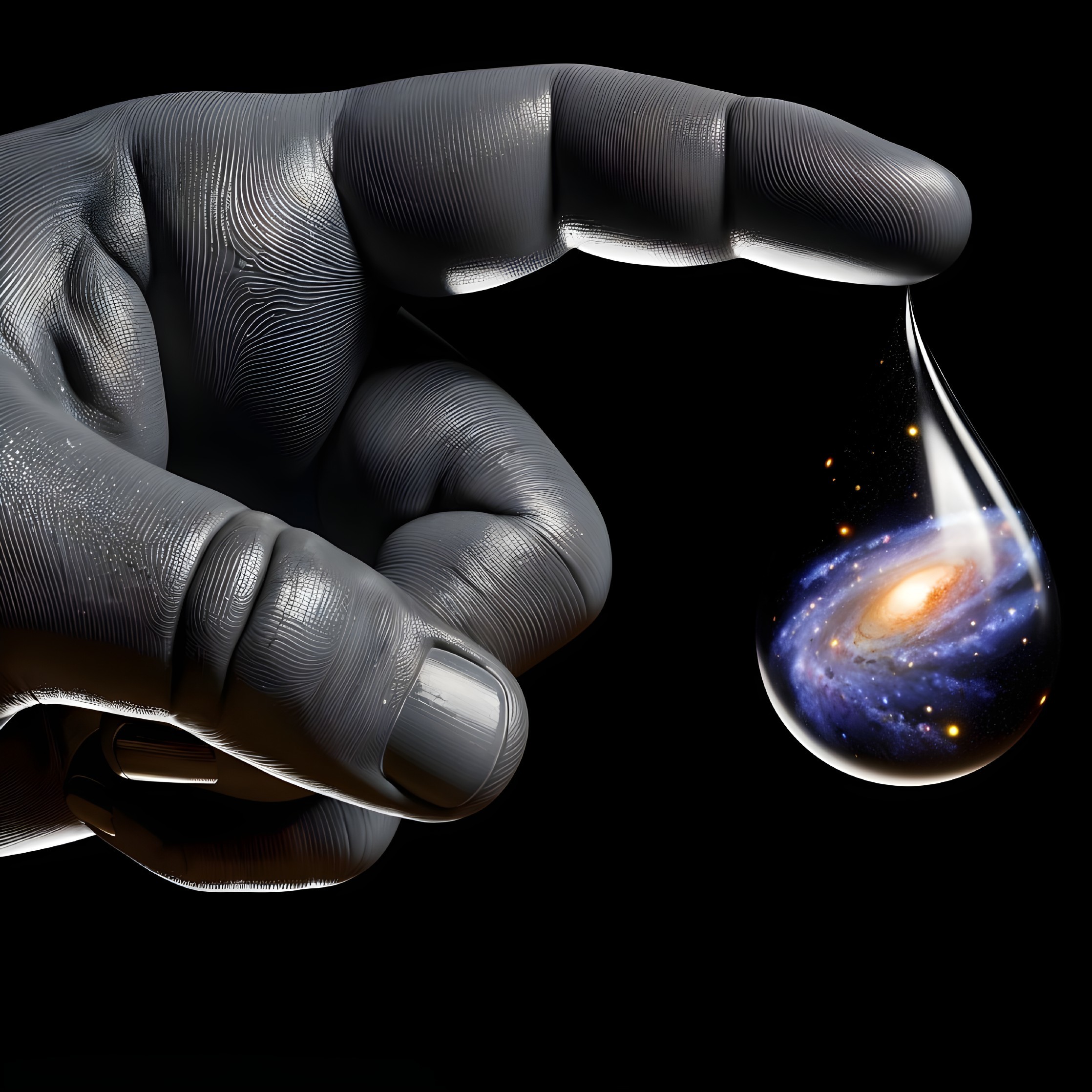 Gray Hand Holding Teardrop-Shaped Galaxy Droplet