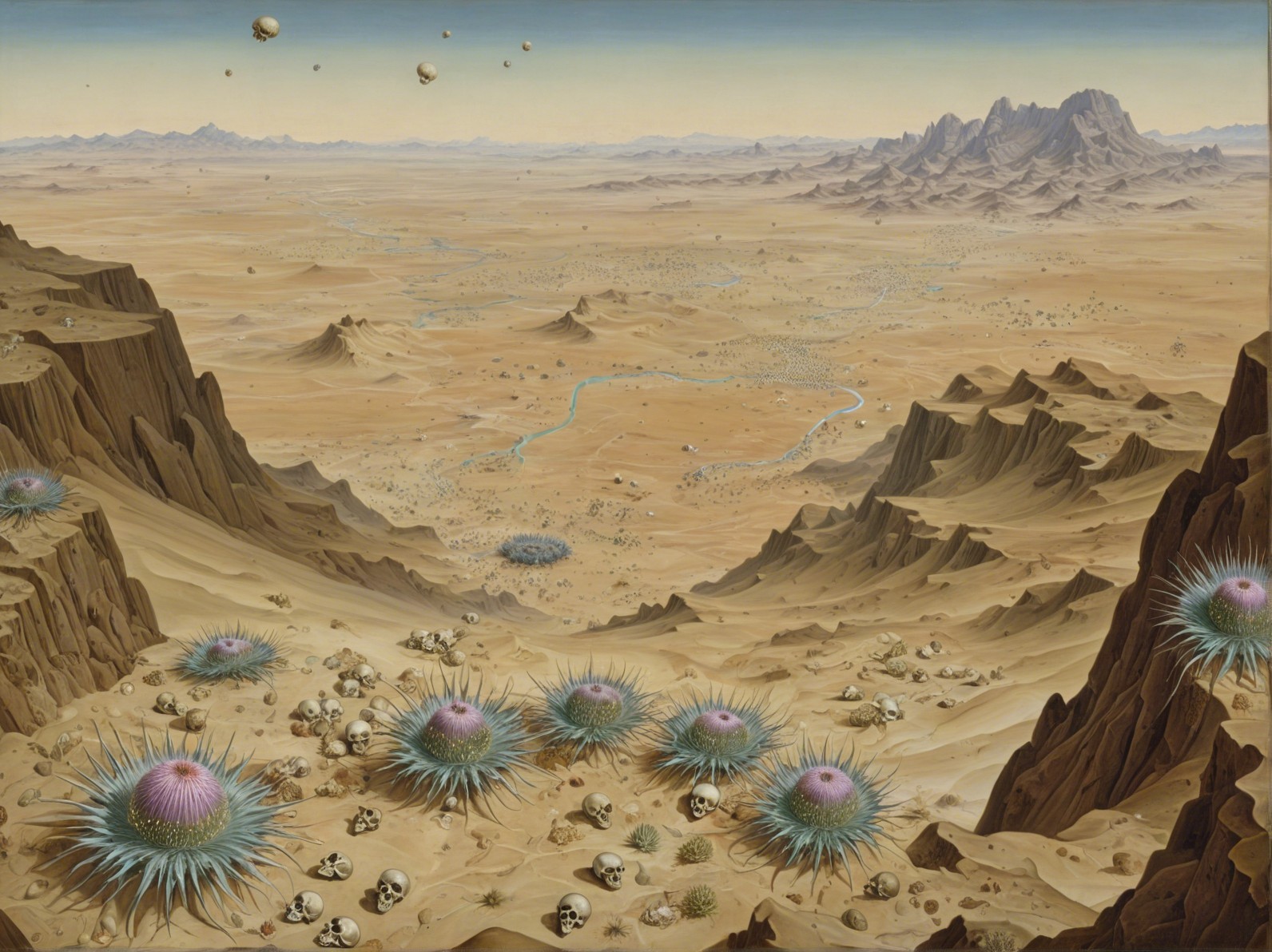 Surreal Desert Landscape with Alien Plants and Spheres