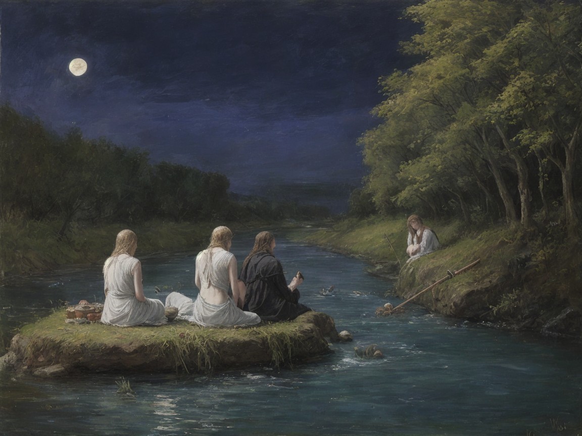 Moonlit Gathering of Figures by a Serene River