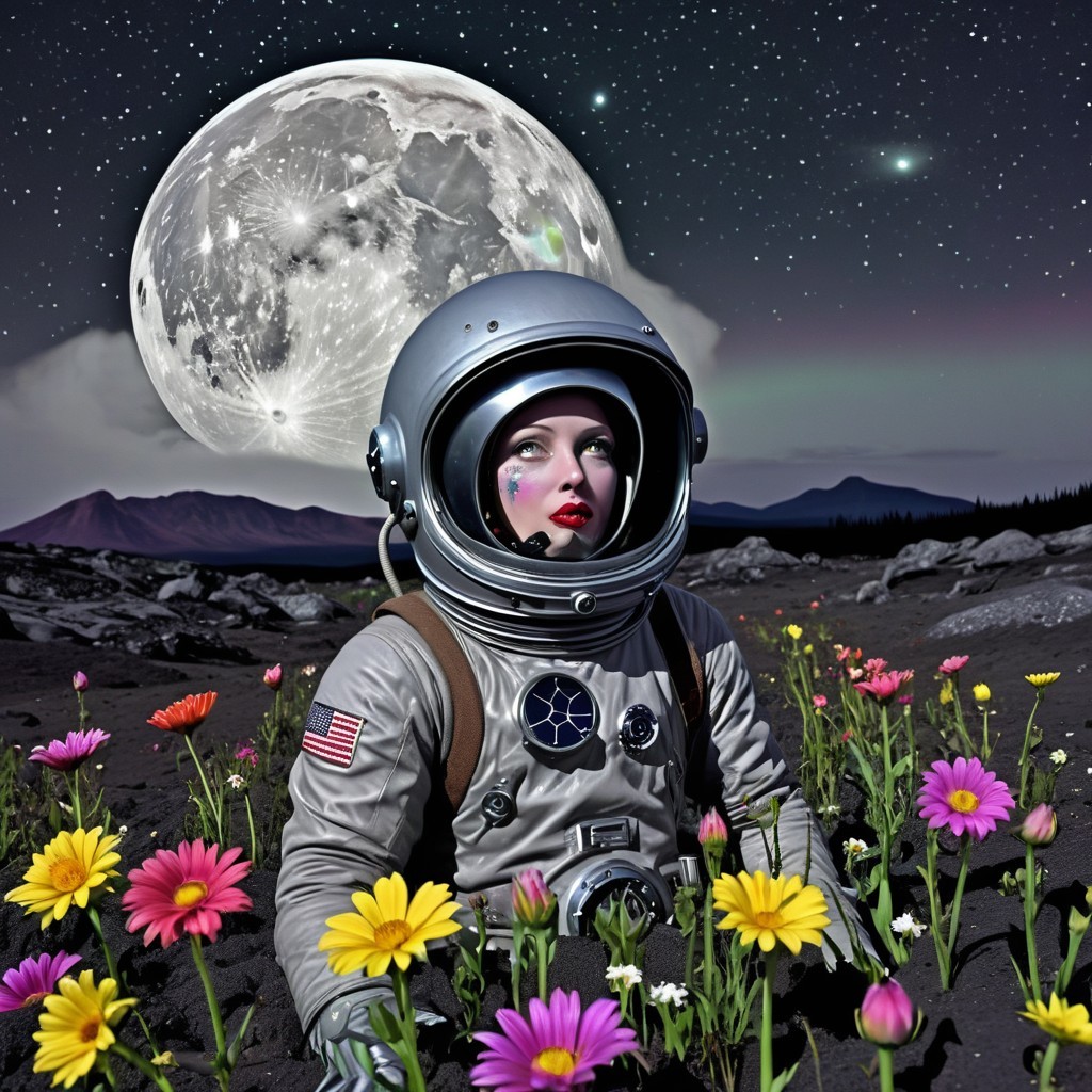 Astronaut in a Moonlit Flower Landscape with Stars
