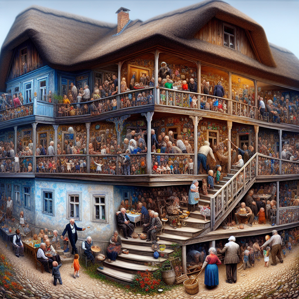 Lively Marketplace Scene Around a Large Wooden House