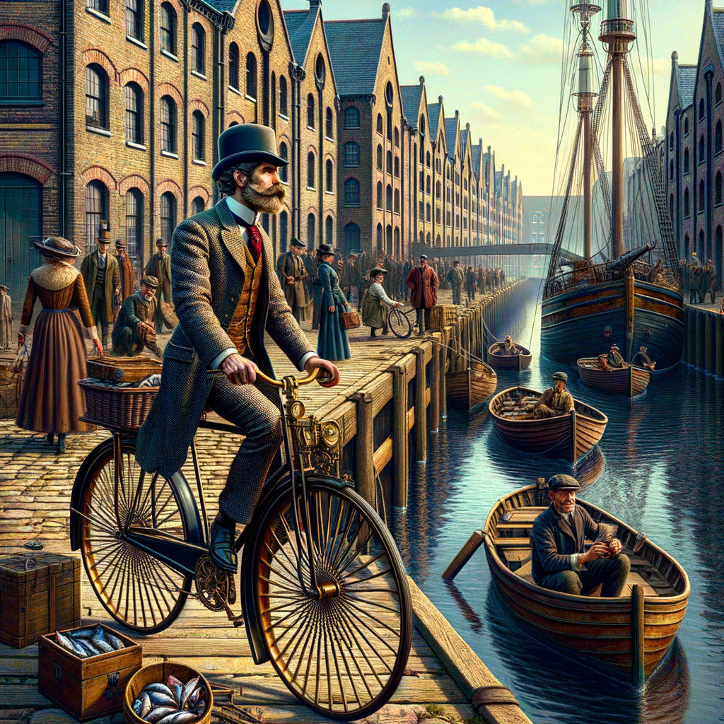 Historic Canal Scene with High-Wheel Bicycle and Warehouses