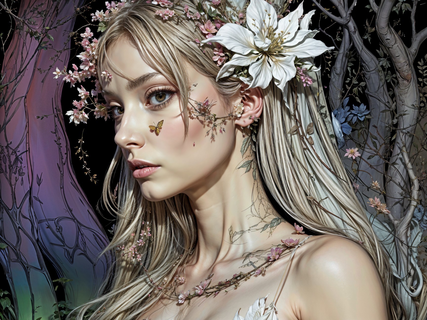 Young woman with flowers in a mystical forest setting
